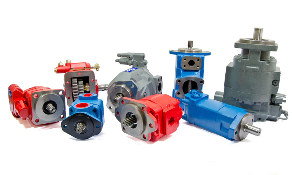 Metaris brand hydraulic piston pumps, vane pumps and gear pumps laid out on white background.