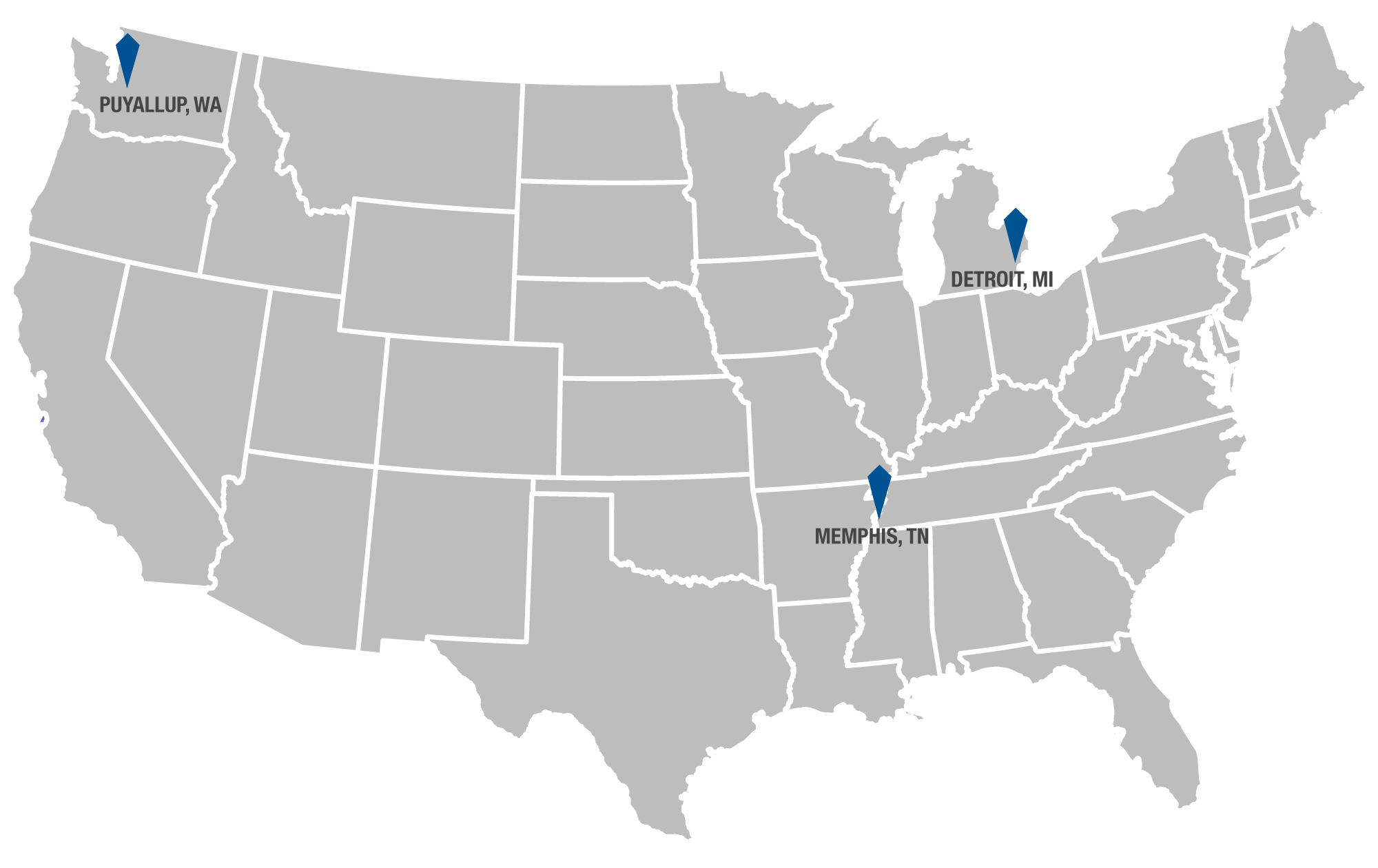 Hydraulex - Nationwide Workplace - With 3 locations in the U.S.A - Grey Map