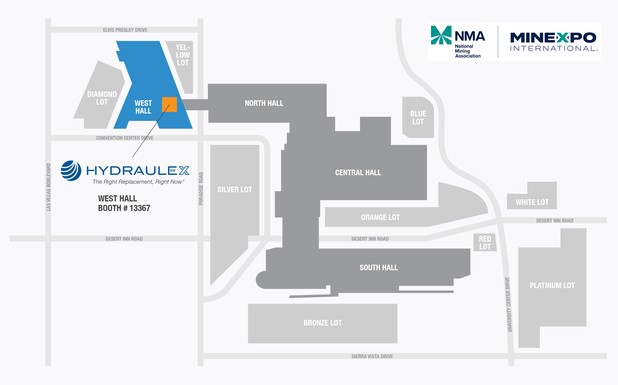 MINExpo International 2024 Las Vegas Convention Center pictographic overhead view map showing show halls and show lots.