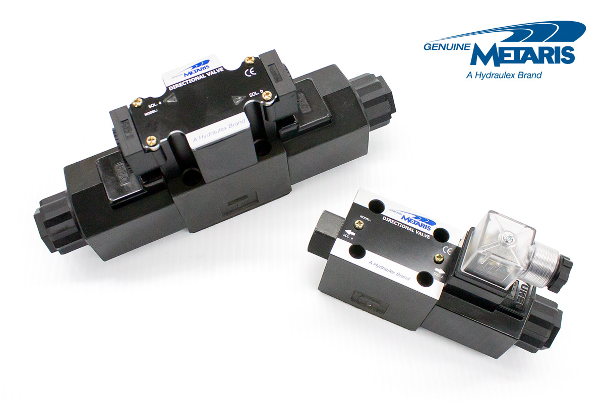 Group photo of two Genuine Metaris DSG-01 Series Directional Valves on white background with Metaris logo.